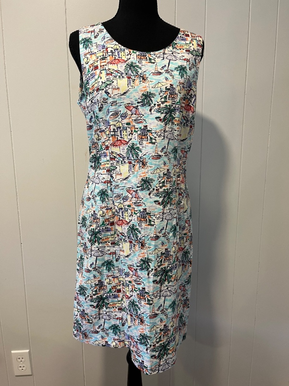 Talbots 10P Petite Scenic Village Shift Dress Cotton Print Coastal Sleeveless